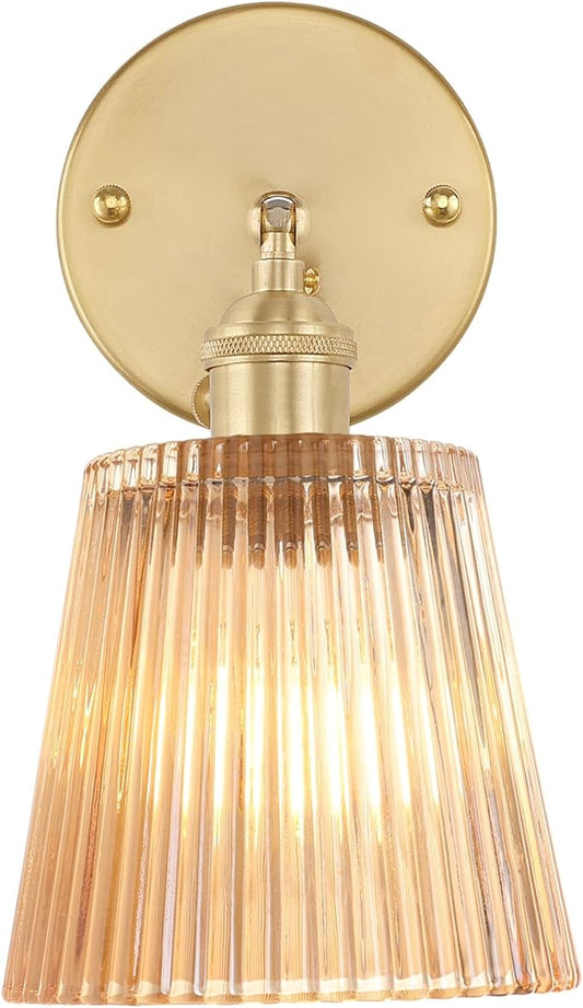 Shenmoyl Vintage Wall Sconces with Amber Stripe Glass Lampshade 180 Degree Adjustable Brass Sconces Hradwired Modern Wall Lighting Fixture with Switch for Bedside Bedroom Doorway