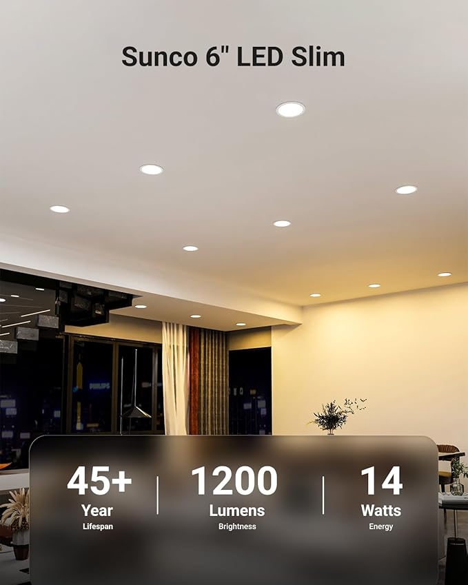 Sunco 4 Pack 6 Inch Ultra Thin LED Recessed Ceiling Lights Slim, 5000K Daylight, Dimmable, 14W=100W, Wafer Thin, Canless with Junction Box - ETL.