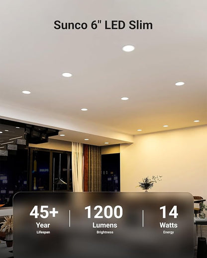 Sunco Lighting - 6 Pack 6 Inch Ultra Thin LED Recessed Ceiling Lights, 5000K Daylight, Dimmable, 14W, Wafer Thin, Canless with Junction Box.