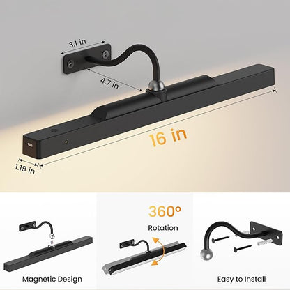 Dimmable Cordless Picture Light for Wall 16n, 5000mAh Rechargeable Battery Wall Sconce Art Light, CRI 95+ 350LM Wall Light for Gallery Artwork, Paintings, Photo, Portraits - Black