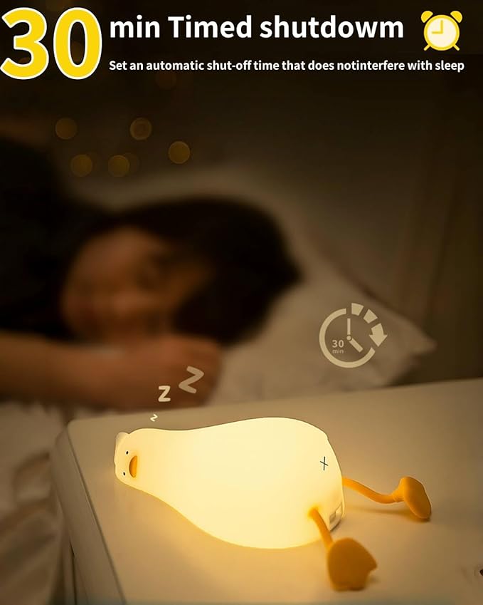 Lying Flat Duck Night Light, Squishy Duck Lamp with Tap Control, 30-Min Auto-Off Timer, Rechargeable Silicone Bedside Lamp for Kids Adults, [Mothers Day Gifts]