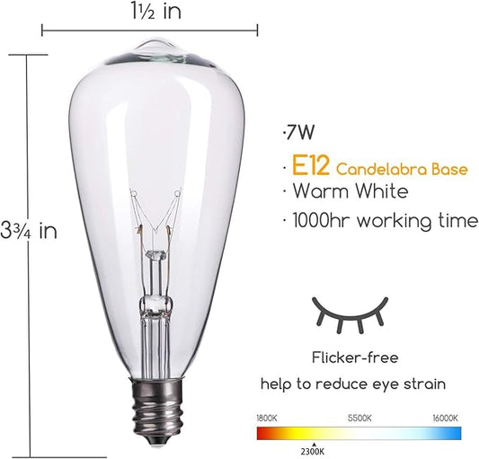 25-Pack Edison Replacement Light Bulbs,7-Watt E12 Candelabra Base ST40 Replacement Clear Glass Light Bulbs for Outdoor Patio ST40 String Lights, Warm White