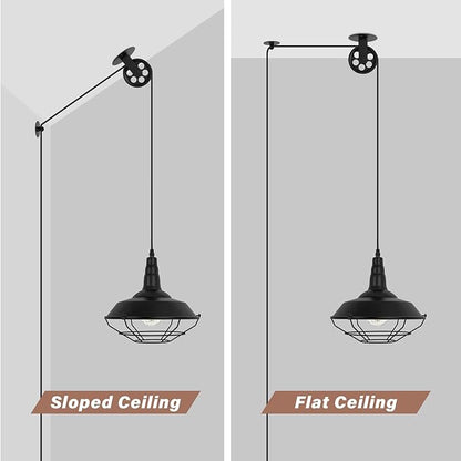 Farmhouse Black Metal Wire Cage Plug in Pulley Pendant Lights with 19.4ft Adjustable Cord On/Off Switch, Industrial Vintage Barn Hanging Ceiling Light for Kitchen Island Hallway Foyer (2 Pack)