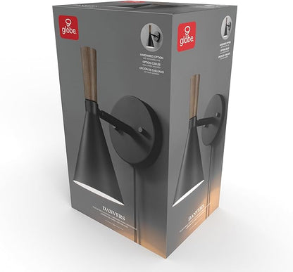 Globe Electric Plug-in or Hardwire Wall Sconce, Matte Black, Wood-Tone Switch, Metal Shade, 6-Foot Cord, 65000101