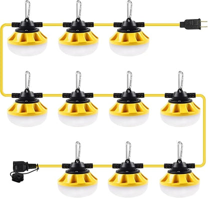100FT LED Construction String Lights, 100W 10000LM Industrial Grade Temporary Work Lights with 10 Bulbs, Linkable 5000K Super Bright Weatherproof Lighting for Construction Site, Job Site,& Outdoor Use