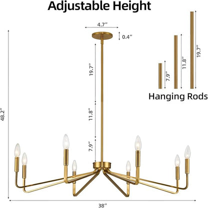 38" Gold Chandeliers for Dining Room, 8-Light Modern Farmhouse Chandelier Light Fixture, Brushed Brass Industrial Candle Lighting Hanging Ceiling for Living Room Bar Kitchen Island Lights