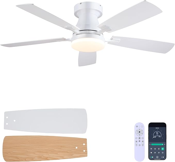 Ceiling Fans with Lights, 48 Inch Ceiling Fan with Light And Remote/APP,Low Profile Ceiling Fan with Light,DC Reversible,6 Speed Noiseless LED Ceiling Fan,White Small Ceiling Fan for Bedroom