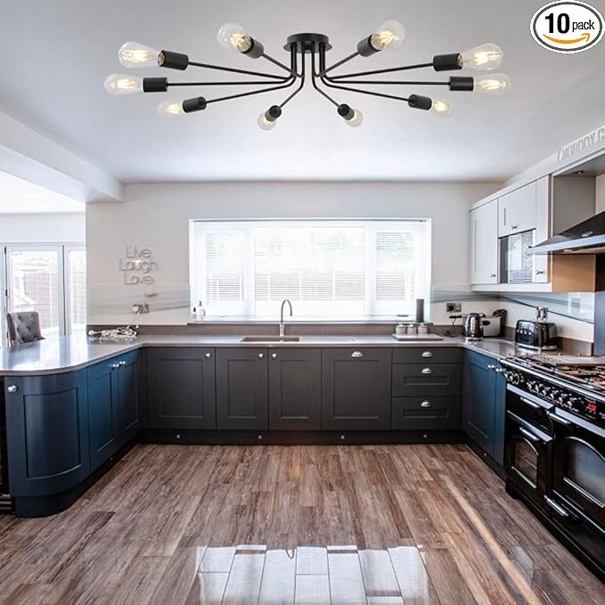 10 Lights Ceiling Light Vintage Metal Semi Flush Mount Light Ceiling Lamp Black Chandelier Lighting Fixture for Living Room Dining Room Kitchen Hallway Cafe