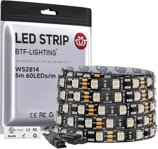 BTF-LIGHTING WS2814 IC RGBW RGB+Warm White (Similar WS2812B) Addressable DC12V 16.4FT 60LED/m 20pixel/m Flexible 4 Colors in 1 Dream Color LED Strip IP30 for Home Decor (No Adapter or Controller)