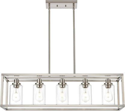 MELUCEE 5-Light Dining Room Lighting Fixture Hanging Brushed Nickel Modern Pendant Lighting Contemporary Chandeliers with Clear Glass Shade for Kitchen Island Living Room Bedroom