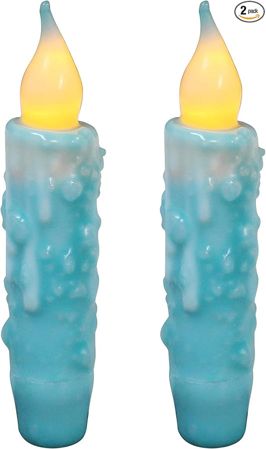CVHOMEDECO. Real Wax Hand Dipped Battery Operated LED Timer Taper Candles Rustic Primitive Flameless Lights Decor, 4-3/4 Inch, Teal, 2 PCS in a Package