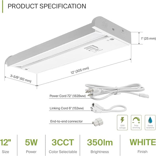ASD Swivel LED Under Cabinet Lighting Plug in or Hardwired 12 Inch, Dimmable Under Cabinet Lights with High/Low/Off Switch, 3CCT 2700K-4000K, Linkable Under Counter Lights for Kitchen, White, ETL