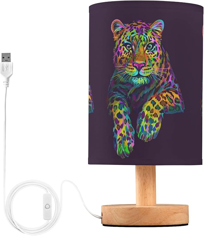 Table Lamp Multicolor Leopard Jaguar Neon Colorful Animal Nightstand Lamp with Wood Base Fabric Lamp Shade Bedside Desk Lamp for Living Room Bedroom Kids Room Office