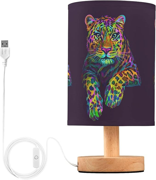 Table Lamp Multicolor Leopard Jaguar Neon Colorful Animal Nightstand Lamp with Wood Base Fabric Lamp Shade Bedside Desk Lamp for Living Room Bedroom Kids Room Office