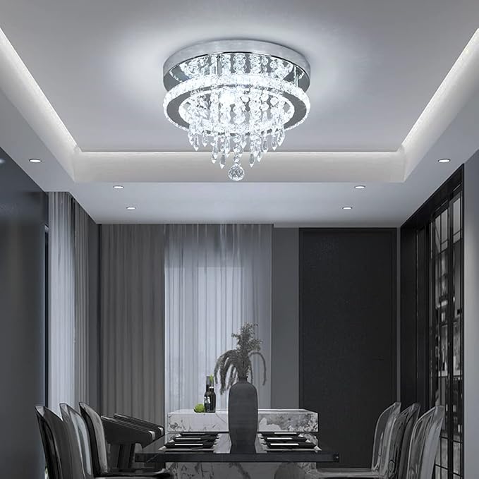 Deckrico Modern K9 Crystal Chandelier 3 LED Lights Stainless Steel Pendant Lamp Flush Mount Light Fixtures for Dining Room Bathroom Bedroom Living Room (Cool White)