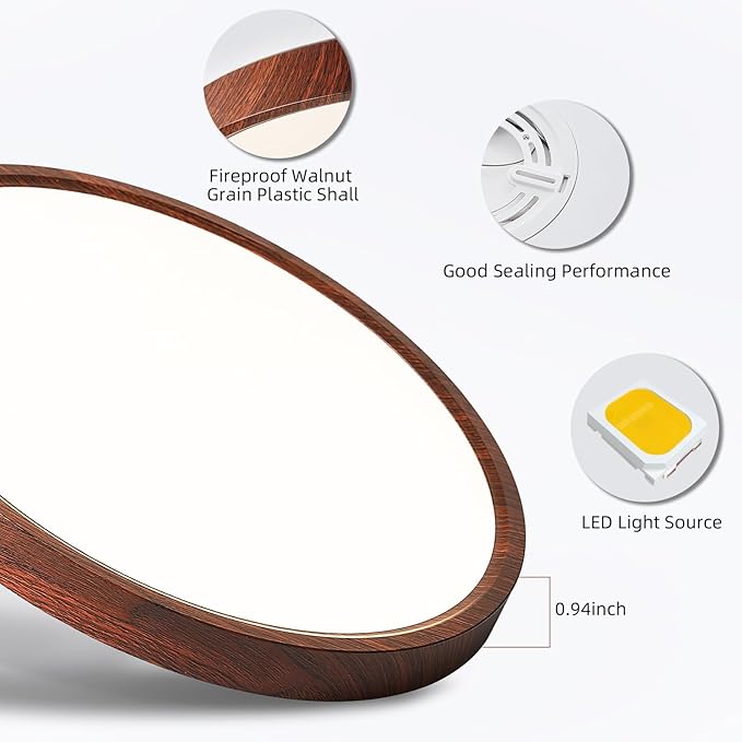 HEYAN Walnut Wood Flush Mount Ceiling Light Fixture,12 Inch Dimmable LED Ceiling Light with 3000K-4000K-6000K Selectable Flat Low Profile Round Ceiling Lights for Bedroom Hallway Laundry (1 Pack)