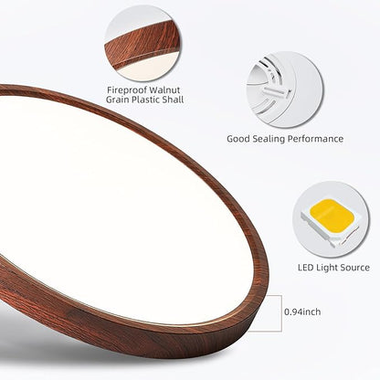 HEYAN Walnut Wood Flush Mount Ceiling Light Fixture,12 Inch Dimmable LED Ceiling Light with 3000K-4000K-6000K Selectable Flat Low Profile Round Ceiling Lights for Bedroom Hallway Laundry (1 Pack)