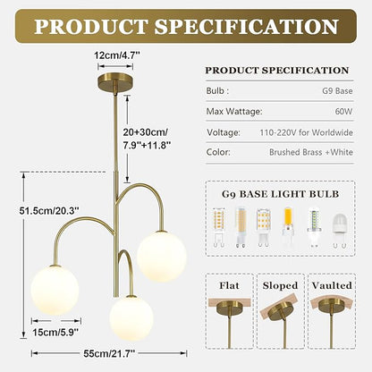 3 Light Milk Glass Chandelier Small Gold Chandelier Vintage Bedroom Pendant Light Fixture White Globe Ceiling Light Mid Century Modern Sputnik Light