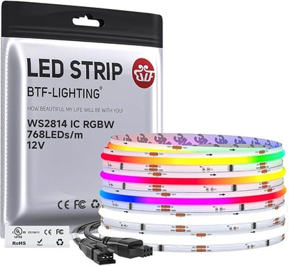 BTF-LIGHTING FCOB COB LED Strip Light, WS2814 Smart IC RGBW 6000K Color Chasing Light, UL Listed DC12V 16.4FT 784LEDs/m High Density 10mm Width for Home Party DIY Decor(No Adapter or Controller)