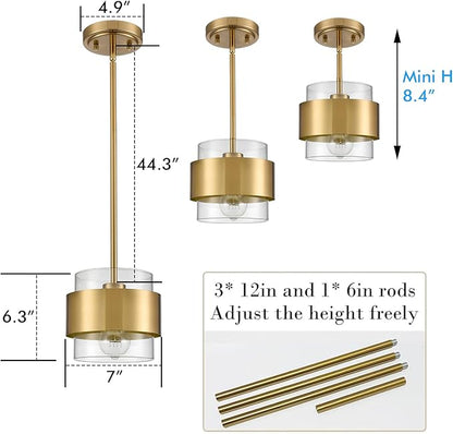 CLAXY Gold Pendant Light Mini Hanging Kitchen Pendant Lighting with Clear Cyliner Shade for Kitchen Sink Dining Bathroom, Adjustable Hanging Rods