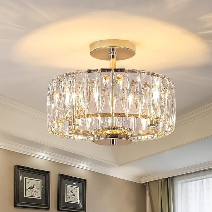 K9 Crystal Gold Chandelier Ceiling Lighting, 3-Lights Modern Mini Crystal Semi Flush Mount Pendant Lamp Fixture with E12 Bulb Base for Living Room Hallway Dining Room Bedroom (H10.4 x D12.5)