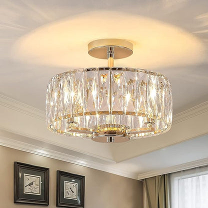 K9 Crystal Gold Chandelier Ceiling Lighting, 3-Lights Modern Mini Crystal Semi Flush Mount Pendant Lamp Fixture with E12 Bulb Base for Living Room Hallway Dining Room Bedroom (H10.4 x D12.5)