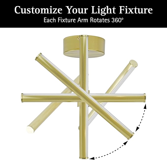 UltraLux Free Form LED Ceiling Light Fixture - Dimmable & Customizable, Semi-Flush Mount Ceiling Light With Adjustable Light Bars - Easy-Install, Energy Efficient LED Light - (16", Brushed Gold)