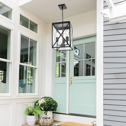 TODOLUZ Large Outdoor Porch Light Adjustable Chain, 3-Lights Modern Outdoor Pendant Lighting in Matte Black Finish, Outside Ceiling Mount Lamp for House Front Door Porch Patio Entryway