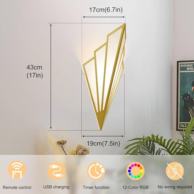 Modern Battery Operated Wall Sconces Set of Two, Simple Creative Wall Lamp Art Deco Lighting Fixture with Remote Control, RGB Dimmable Led Wall Light for Bedside Bedroom Living Room (Gold)