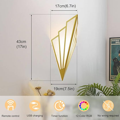 Modern Battery Operated Wall Sconces Set of Two, Simple Creative Wall Lamp Art Deco Lighting Fixture with Remote Control, RGB Dimmable Led Wall Light for Bedside Bedroom Living Room (Gold)