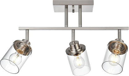 Track Lighting Fixtures 3 Light Directional Ceiling Lights with Adjustable Track Heads, Brushed Nickel Bathroom Vanity Light with Clear Glass Shade