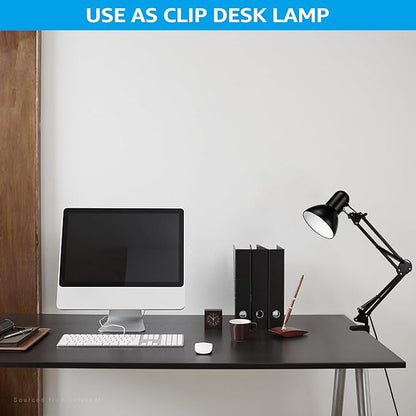 TORCHSTAR Metal Desk Lamp with Clamp, Swing Arm, Architect Adjustable Gooseneck Table Lamp, Clip Desk Lights for Home Office, Work, Study, Reading, E26 Base, Multi-Joint, Black