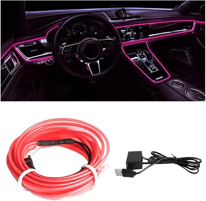 EL Wire Car Interior LED Strips Lights, 16FT 5V USB Auto Neon Light Strip, Electroluminescent Vehicle Interior Ambient Lighting Decor Accessories, Universal for RV, SUV, Truck (Pink)