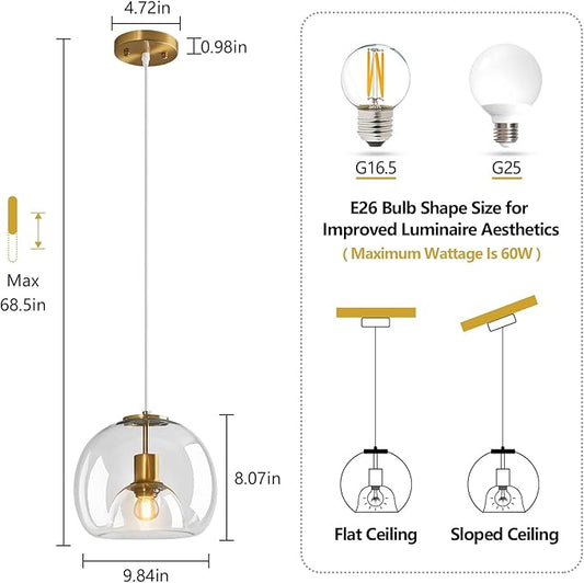 Clear Glass Pendant Lights Kitchen Island Gold Hanging Light Fixture Glass Globe Pendant Light Modern Pendant Lighting for Kitchen Island Bedroom Dining Room (9.84", 1 Pack)