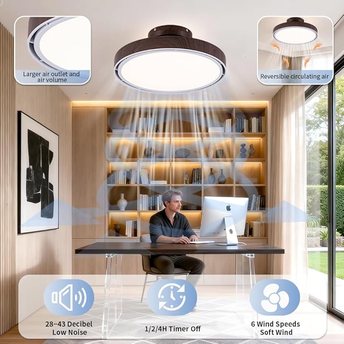 Bladeless Ceiling Fans with Lights and Remote, Flush Mount Modern Ceiling Fan with Light, 6 Speeds, Stepless dimming & 3000-6000K CCT LED Lights for Bedroom, Living Room (Dark Walnut)