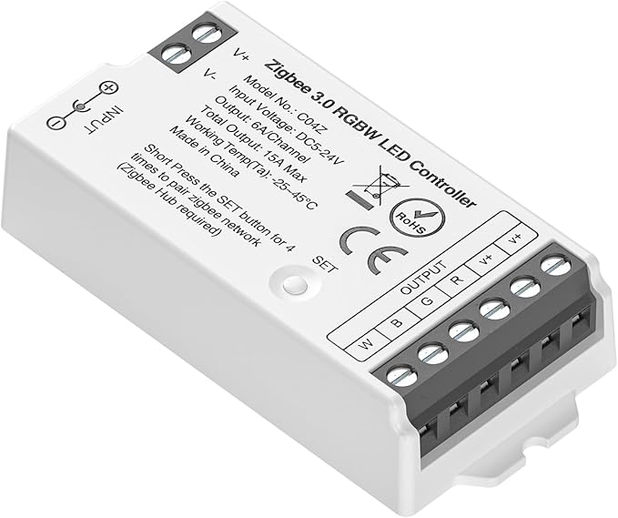 BTF-LIGHTING Tuya Zigbee 3.0 C04Z LED Controller Support RGBW 5pin (+V R G B W) PWM FCOB COB SMD Light Strip Compatible with Echo Plus/4th Gen Philip Gateway DC5V/DC12V/DC24V Max 15A