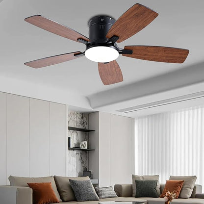 Ayaoty Ceiling Fans with Lights, 42 inch Low Profile Ceiling Fan with Light and Remote Control, Flush Mount, LED Dimmable DC Reversible Modern Ceiling Fan for Bedroom
