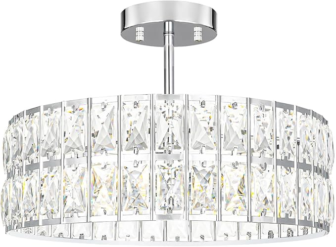 Lxybcce Crystal Ceiling Light Fixture, Modern Chrome Ceiling Light Chandelier, Semi Flush Mount Chandelier Lighting Fixture for Kitchen Entryway Living Room Dining Room, 5-Light, 16 Inch