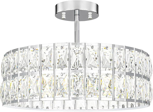 Lxybcce Crystal Ceiling Light Fixture, Modern Chrome Ceiling Light Chandelier, Semi Flush Mount Chandelier Lighting Fixture for Kitchen Entryway Living Room Dining Room, 5-Light, 16 Inch