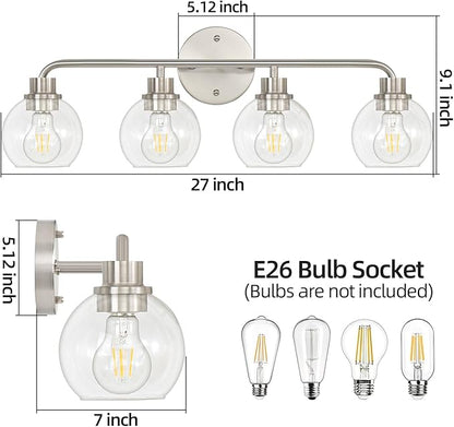 Bathroom Light Fixtures Brushed Nickel Vanity Light Silver 4 Light Modern Wall Sconces Lighting Bathroom Lights with Globe Glass Shade Bath Wall Lights for Mirror Kitchen Living Room Hallway 27 Inch