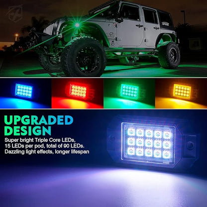 Xprite Bluetooth RGB LED Rock Lights Kit, Multicolor Neon Accent Music Flashing Lighting Underglow Kits with RF Controller for Off-Road, Trucks, Cars, UTV, ATV, SUV, RZR, Motorcycles, Boats - 6 PCS