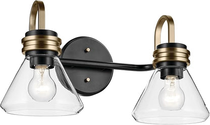 Kichler Farum 19.25" 2-Light Bathroom Vanity Light Fixture with Clear Glass in Black, Modern Wall Mount Light for Vanity Mirror Over Sink (19.25" W x 9.5" H), 55154BKCLR