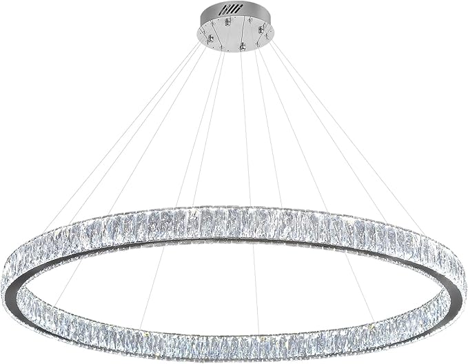 Modern LED Dimmable Crystal Chandelier 47.5" Ring Pendant Light Adjustable Round Chrome Crystal Chandelier for Dining Room Living Room