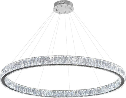 Modern LED Dimmable Crystal Chandelier 47.5" Ring Pendant Light Adjustable Round Chrome Crystal Chandelier for Dining Room Living Room