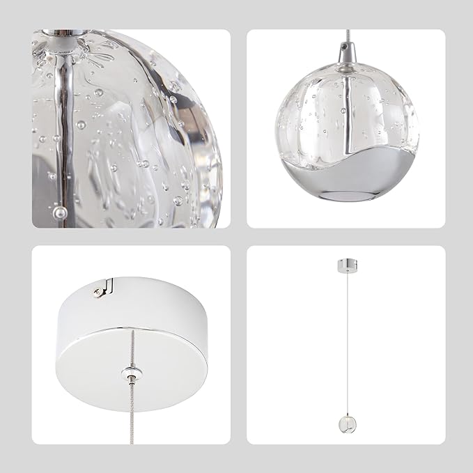 Modern Chrome Single Pendant Light with Bubble Glass, Small Globe Pendant Light 70.86" Drop, Kitchen Pendant Lighting Over Island, Bar, Entryway, Warm White 3000K, 519 lm, Ø 4.73"