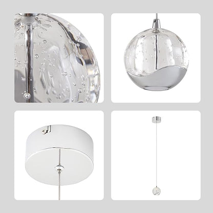 Modern Chrome Single Pendant Light with Bubble Glass, Small Globe Pendant Light 70.86" Drop, Kitchen Pendant Lighting Over Island, Bar, Entryway, Warm White 3000K, 519 lm, Ø 4.73"