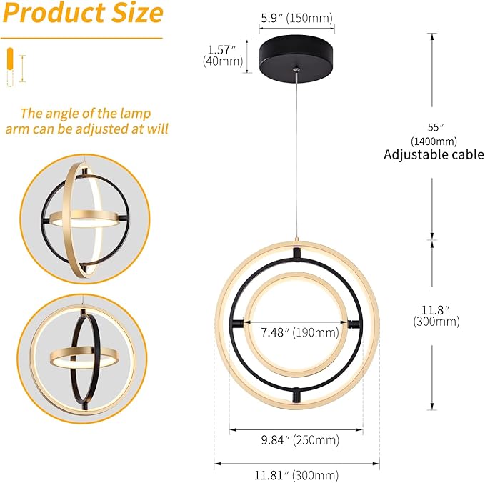 Modern LED Chandelier DIY Creative Chandelier Adjustable Hanging Round Ring 3 Ring 4000K Warm White Light Fixture for Dining Room Bedroom Kitchen Island Hall Black Gold (D = 11.8")