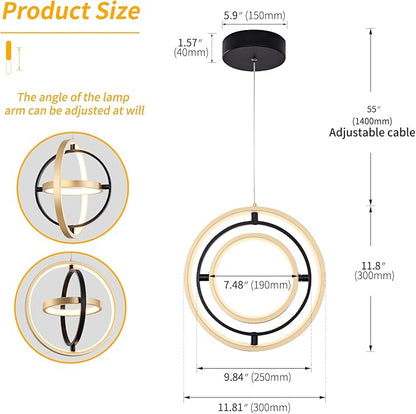 Modern LED Chandelier DIY Creative Chandelier Adjustable Hanging Round Ring 3 Ring 4000K Warm White Light Fixture for Dining Room Bedroom Kitchen Island Hall Black Gold (D = 11.8")