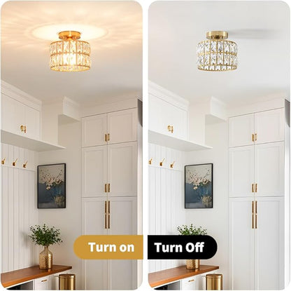 Lxybcce Crystal Ceiling Light Fixture, Modern Brushed Gold Semi Flush Mount Ceiling Chandelier Light for Hallway Entryway Kitchen Bathroom, Small Chandelier Light for Bedroom Closet, 1-Light, 9 Inch