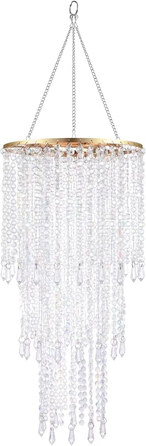 Modern Chrome Beaded Hanging Chandelier (W10.25 x H20”)，3 Tiers Beads Pendant Shade Gold Frame, Ceiling Chandelier Beaded Lampshade with Acrylic Jewel Droplets (H20Gold)